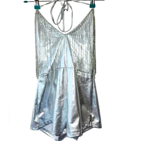 NWT Dolls Kill Club Exx Metallic Silver Halter Romper With Rhinestone Fringe M - Picture 1 of 3